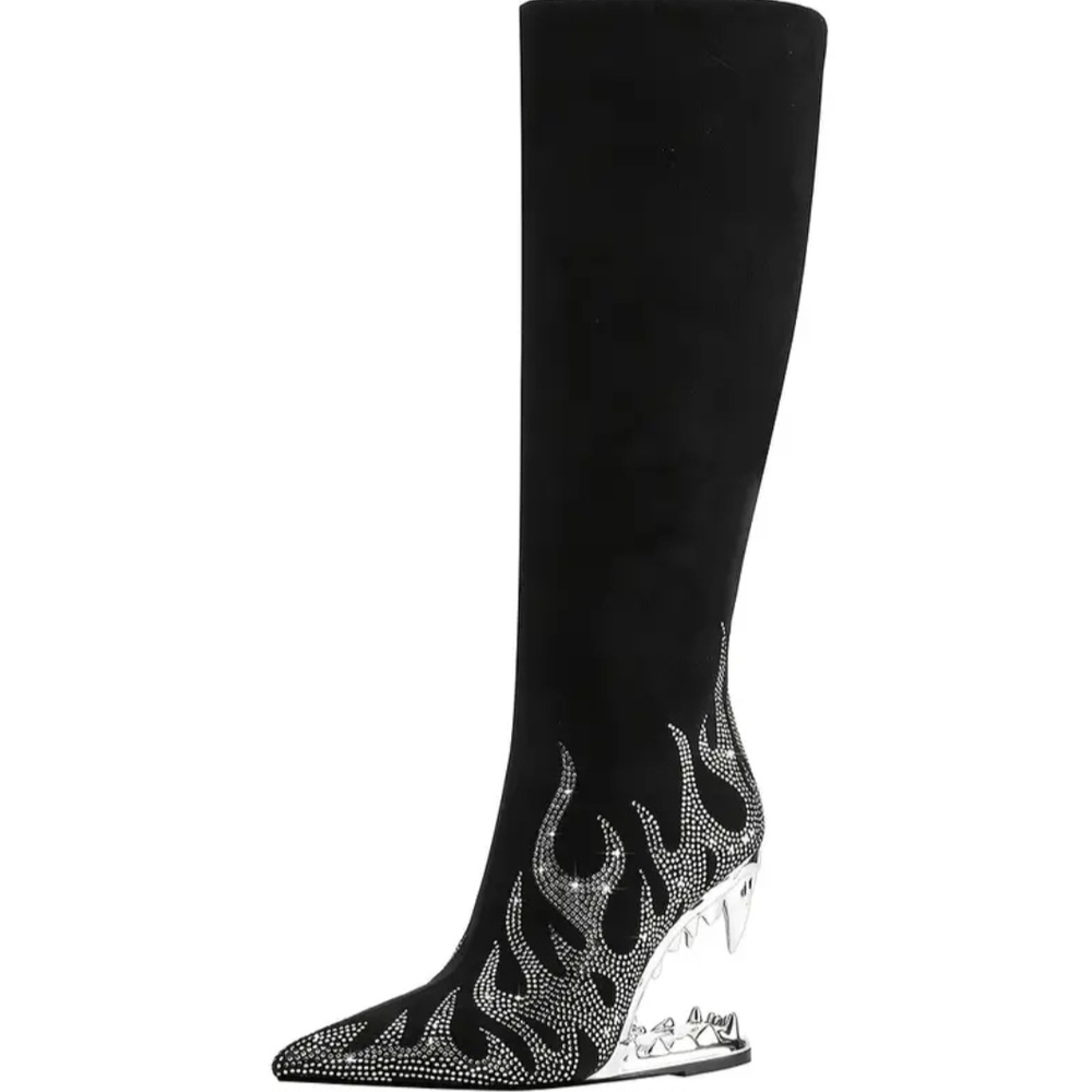 Elegant Black and Silver Flame Heeled Boots